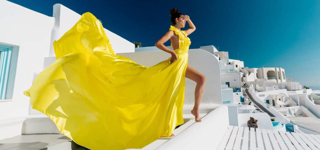 Santorini flying dress photoshoot